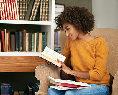Buy stock photo Woman, book and library reading for university research on campus or scholarship degree, college or notebook. Female person, literature and shelf as student or study information, academy or knowledge