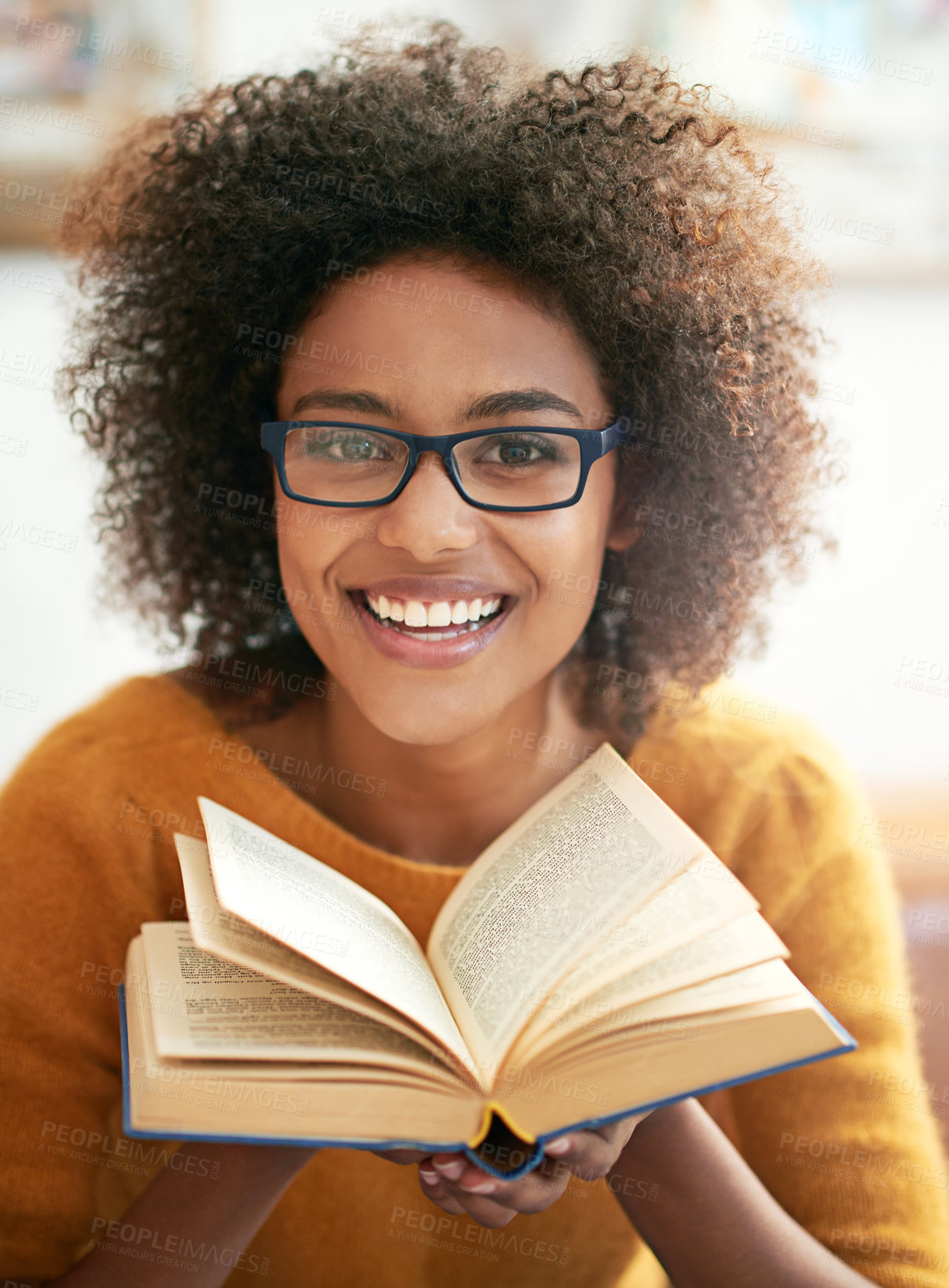 Buy stock photo Book, portrait and black woman in living room to relax for literature, leisure and hobby at home. Smile, education and face of female student in lounge for learning, knowledge and information
