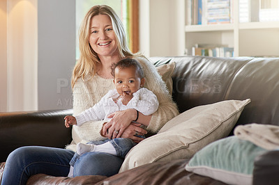 Buy stock photo Cropped portrait of a mother and her adopted child