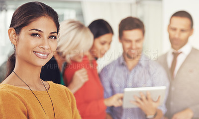 Buy stock photo Creative woman, portrait and team with tablet for meeting, planning or brainstorming in leadership at office. Female person in confidence for startup management or project on technology at workplace