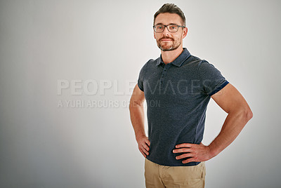 Buy stock photo Businessman, portrait  and smile in studio with grey background, relax and confidence of employee or staff. Creative, designer and male person, startup and worker with pride, company and model in job
