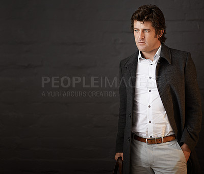 Buy stock photo Fashion, thinking and business man against brick wall for confidence, decision or ideas on dark background. Style, professional and salesperson with vision for opportunity, designer clothes or mockup