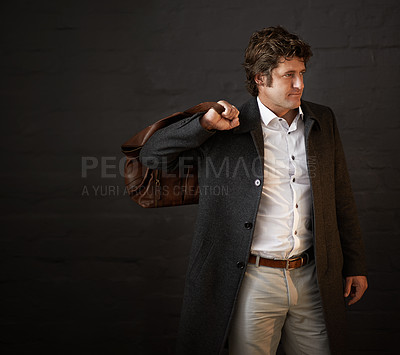 Buy stock photo Brick wall, fashion and business man with leather bag for thinking, planning or decision on background. Style, clothes or professional entrepreneur with vision, dream or mindset of salesman with idea