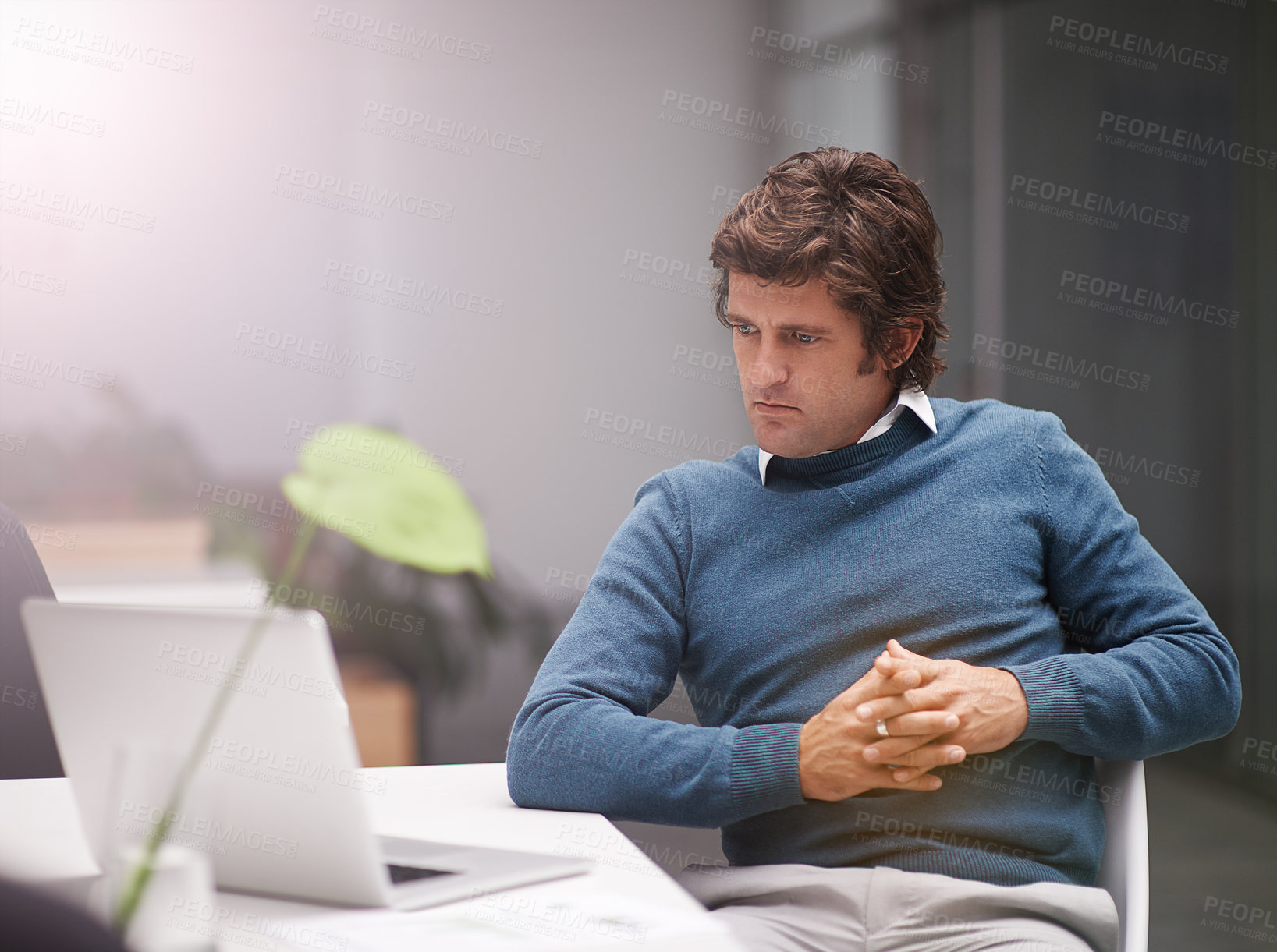 Buy stock photo Business man, reading and planning on computer, information technology or programming solution. Developer or programmer on laptop for software problem solving, thinking or decision in office at night