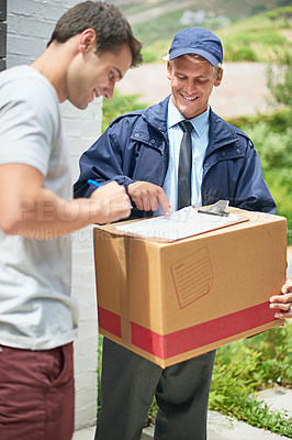 Buy stock photo Courier man, customer and sign with clipboard for box, reading and document for delivery, invoice and tax. Person, cardboard and package with paperwork for service, signature or stock in supply chain