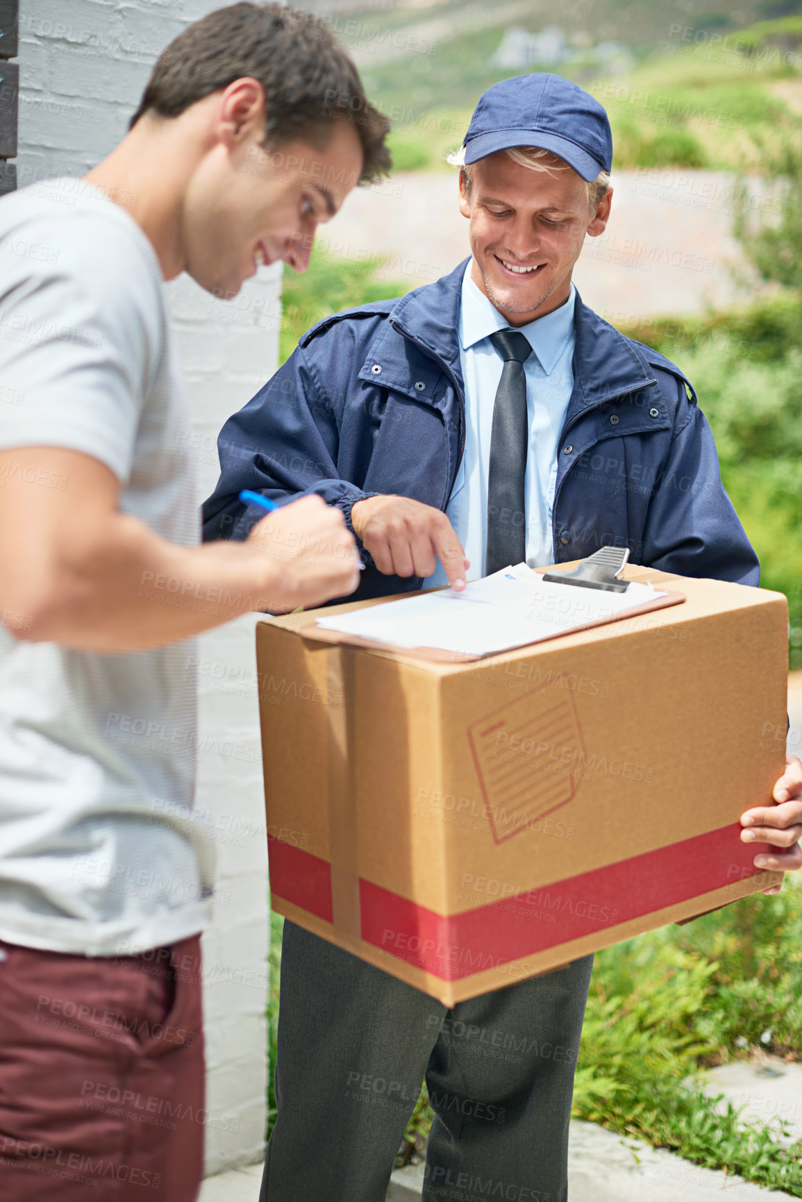 Buy stock photo Courier man, customer and sign with clipboard for box, reading and document for delivery, invoice and tax. Person, cardboard and package with paperwork for service, signature or stock in supply chain