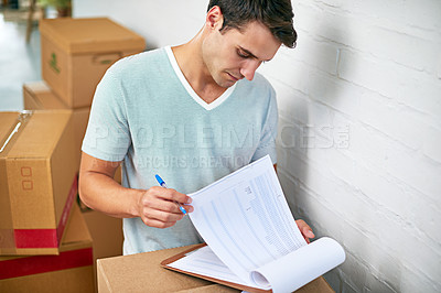 Buy stock photo Man, boxes and home with clipboard for moving, delivery and documentation for logistics, check and invoice. Person, cardboard and package with paperwork for service, signature or stock in new house