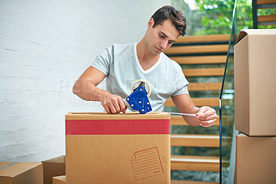 Buy stock photo Man, packing and boxes in home for moving with investment in real estate, new house and tape for package safety. Person, face and cardboard by stairs for storage, cargo and relocating from property
