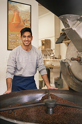 Buy stock photo Coffee beans, portrait and man with machine for roasting with smile, production or quality control. Entrepreneur, barista or roaster with small business cafe, sustainable startup and espresso process
