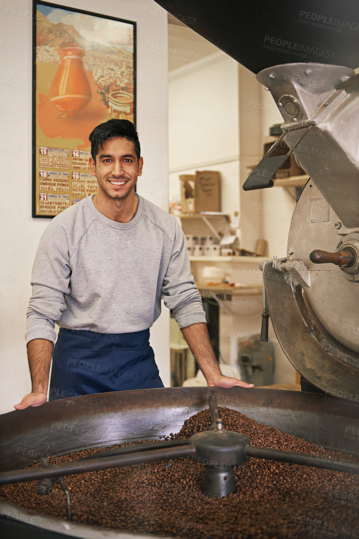 Buy stock photo Coffee beans, portrait and man with machine for roasting with smile, production or quality control. Entrepreneur, barista or roaster with small business cafe, sustainable startup and espresso process