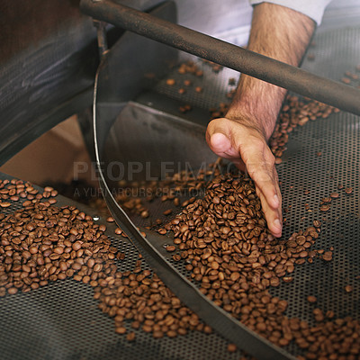 Buy stock photo Coffee beans, machine and hands in industry for production, grinding and roast with flavor, export or quality assurance. Person, factory and manufacturing for caffeine with organic stock for ecology