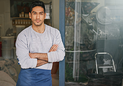 Buy stock photo Barista, cafe and man in portrait for small business, owner with arms crossed and confident for service. Entrepreneur, coffee shop and drinks for hospitality, professional and server in industry
