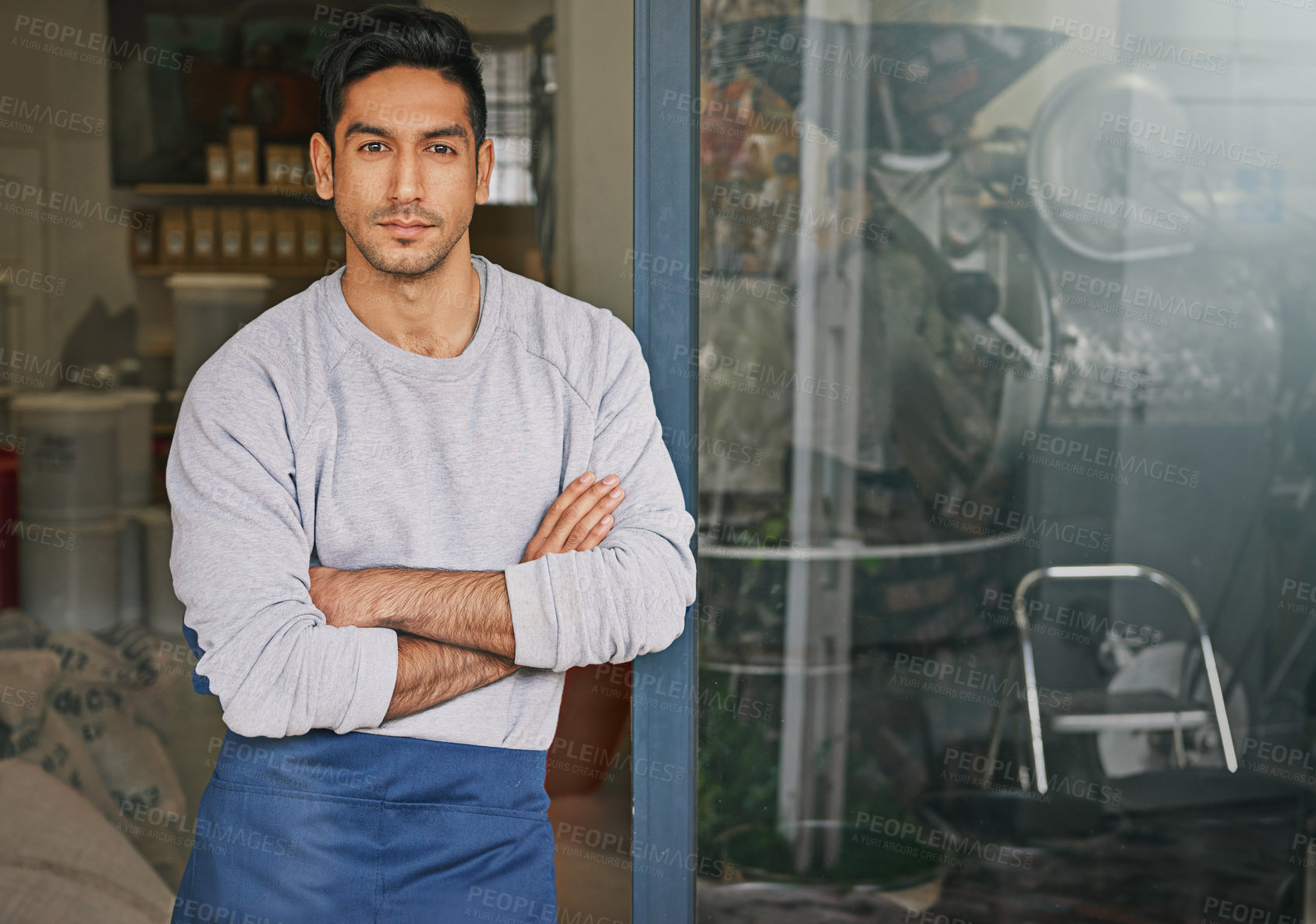 Buy stock photo Barista, cafe and man in portrait for small business, owner with arms crossed and confident for service. Entrepreneur, coffee shop and drinks for hospitality, professional and server in industry