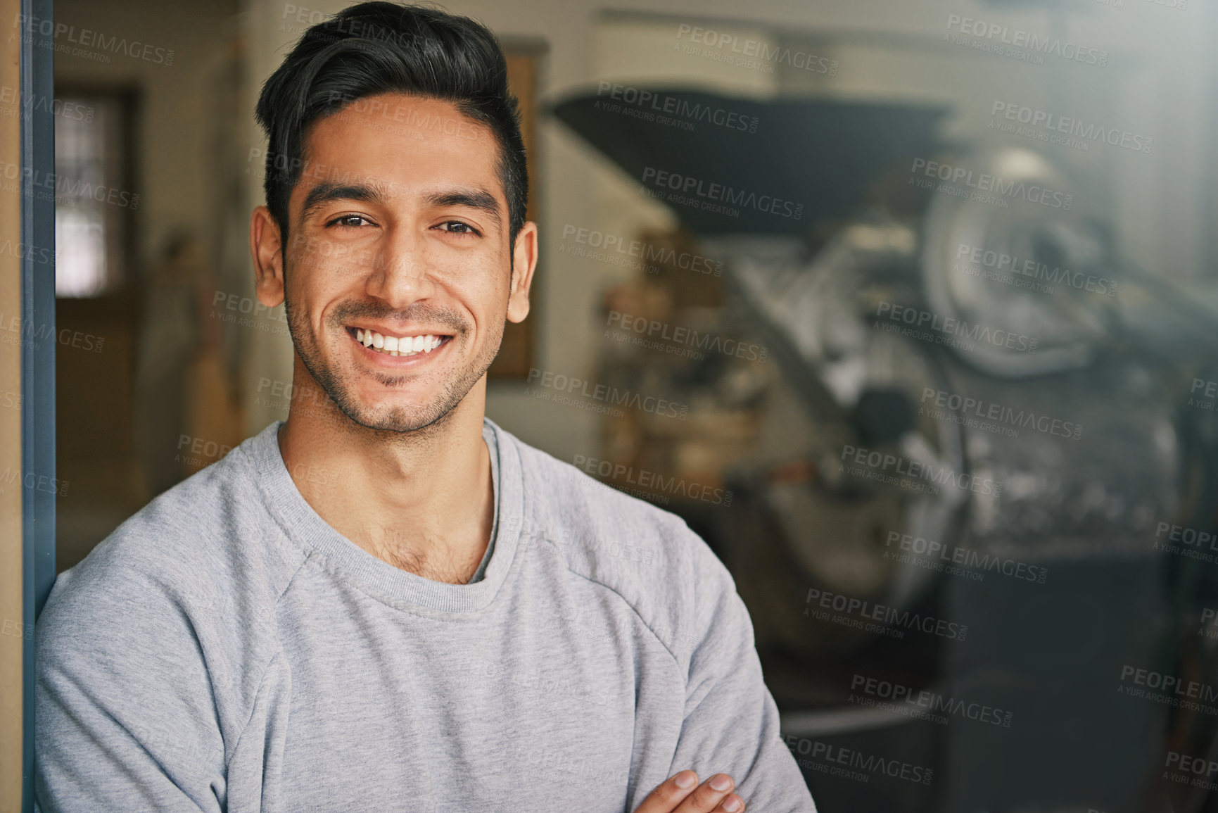 Buy stock photo Portrait, happy and a man coffee shop owner standing in the entrance to his cafe for service or retail. Face, smile or mockup with a handsome young male entrepreneur working in his startup restaurant