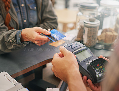 Buy stock photo Credit card, debit machine and customer in cafe with hands of cashier for shopping, point of sale and checkout. Payment technology, bills and closeup of person paying for finance in restaurant store