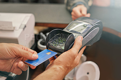 Buy stock photo Credit card, machine and hands of customer for payment to cashier for shopping, point of sale and checkout. Transaction, technology and closeup of person paying for finance with debit money in store