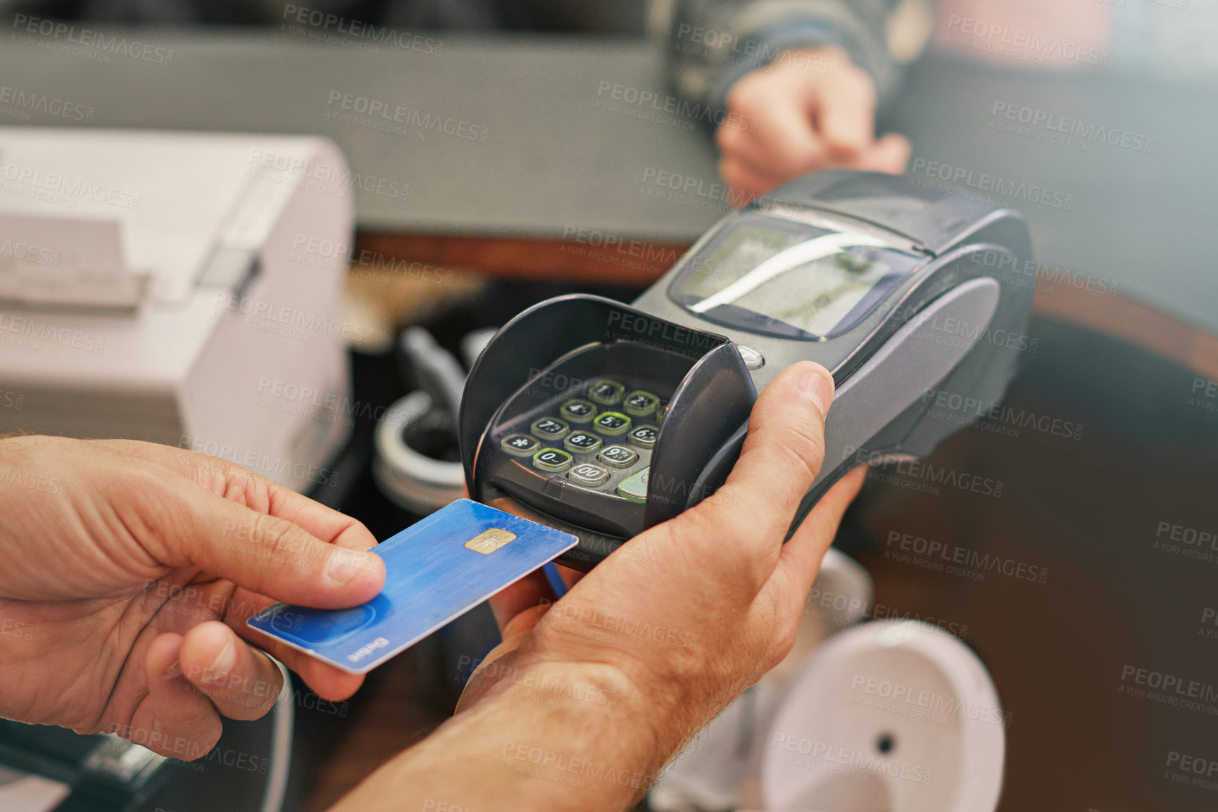 Buy stock photo Credit card, machine and hands of customer for payment to cashier for shopping, point of sale and checkout. Transaction, technology and closeup of person paying for finance with debit money in store