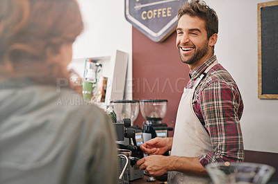 Buy stock photo Happy man, waiter and woman in coffee shop at counter with machine for order, service and catering. Barista, client or person in cafe for drink, tea or espresso with smile, chat or helping in Italy