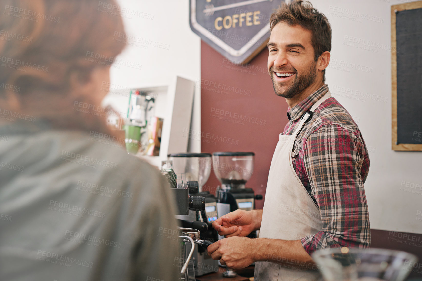 Buy stock photo Happy man, waiter and woman in coffee shop at counter with machine for order, service and catering. Barista, client or person in cafe for drink, tea or espresso with smile, chat or helping in Italy