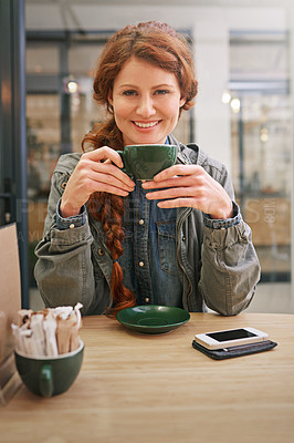 Buy stock photo Woman, cup and happy in coffee shop for portrait at breakfast to start morning at table. Girl, person and smile in cafeteria with flavor, aroma and relax in restaurant for catering service in Dublin