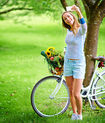 Buy stock photo Nature, selfie and woman with bicycle in park for memory, photograph or social media post. Outdoor, groceries and female person with bike for cycling, sustainable transport or summer vacation in Utah