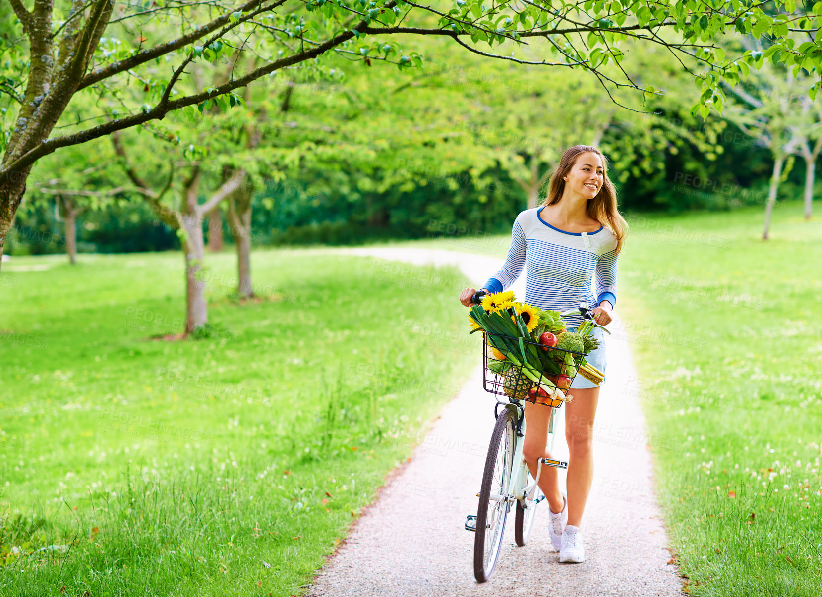 Buy stock photo Shot of a young woman cycling in the park