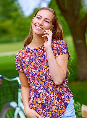 Buy stock photo Phone call, bicycle and girl in park with smile, chat and  connectivity on outdoor travel in morning. Communication, commute and happy woman talking with smartphone, bike and conversation in nature