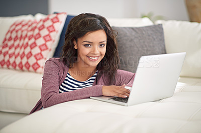 Buy stock photo Laptop, smile and portrait of woman on sofa, ground and research online in home living room. Technology, student and social media for female learner in house lounge, study and computer for learn 