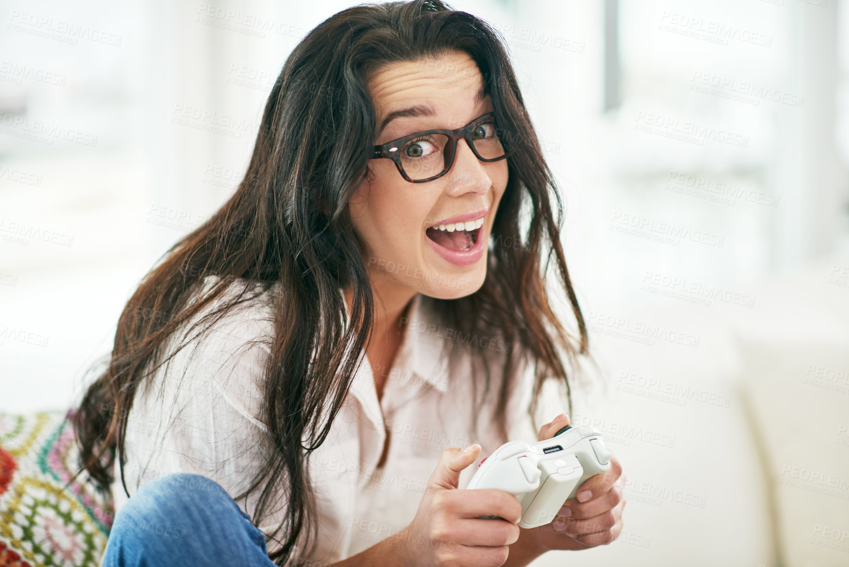 Buy stock photo Portrait, fun and woman with video games, controller and glasses for girl in living room and happy. Digital, playing and person in lounge, home and gamer with remote, excited and winner in house