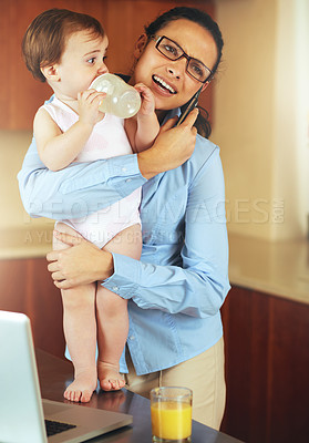 Buy stock photo Mom, baby and phone call for work from home, business planning and multitasking in kitchen with childcare balance. Single mother, woman or freelancer talking on mobile and thinking of support or help