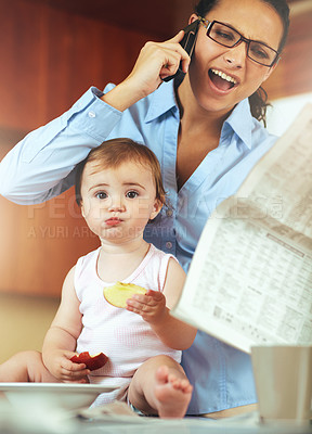 Buy stock photo Businesswoman, phone call and baby with food in home for health, hunger or nutrition while multitasking. Single mother, toddler and stress with discussion of newspaper, article or headline in kitchen