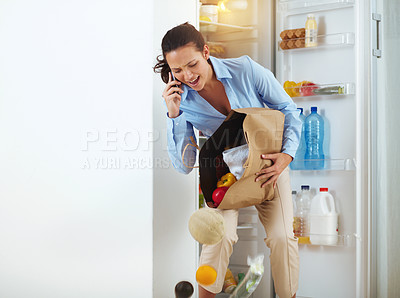 Buy stock photo Shopping bag, fail or phone call by woman with grocery, stress or overwhelmed at home. Broken, package and busy freelancer with multitasking kitchen chaos while consulting on smartphone conversation