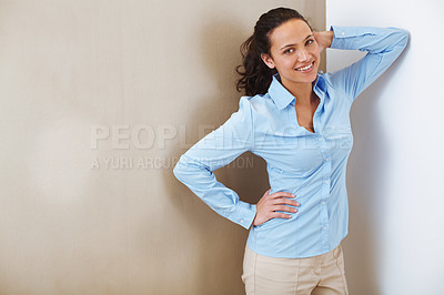 Buy stock photo Portrait, business woman and smile with confidence in home for career, freelance or remote work. Happy, female person or consultant with pose in elegant fashion for occupation and mockup space