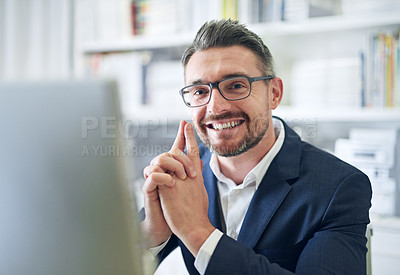 Buy stock photo Portrait, smile and business man in office on computer for career or job in Canada. Face, confidence and professional salesman in glasses, entrepreneur and corporate employee in suit at workplace