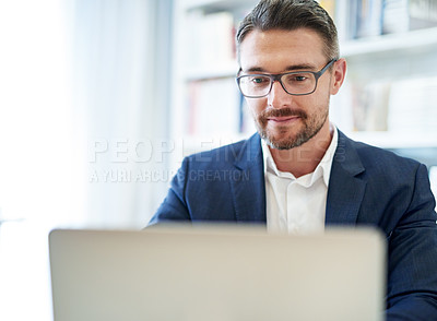 Buy stock photo Business, focus and man with a laptop for research, website information and reading email for project management. Mature entrepreneur at computer for planning online analysis, administration and tech