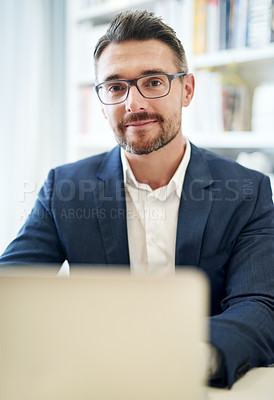 Buy stock photo Portrait, working and a businessman with a laptop in an office for an email or online communication. Smile, career and a mature employee with a computer for remote work and connection in a house