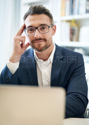 Buy stock photo Portrait, smile and businessman with laptop in office for research, planning or client, networking or communication. Legal, advice or face of mature lawyer online for paralegal case information study