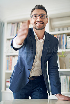 Buy stock photo Welcome, handshake or businessman in office for contract offer, deal or pov interview process. Thank you, human resources and mature employer shaking hands for recruitment, hiring or b2b networking