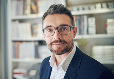 Buy stock photo Portrait, serious and business man in office for career or job in workplace in Germany. Face, confidence and professional attorney in glasses, entrepreneur and corporate employee in suit at company