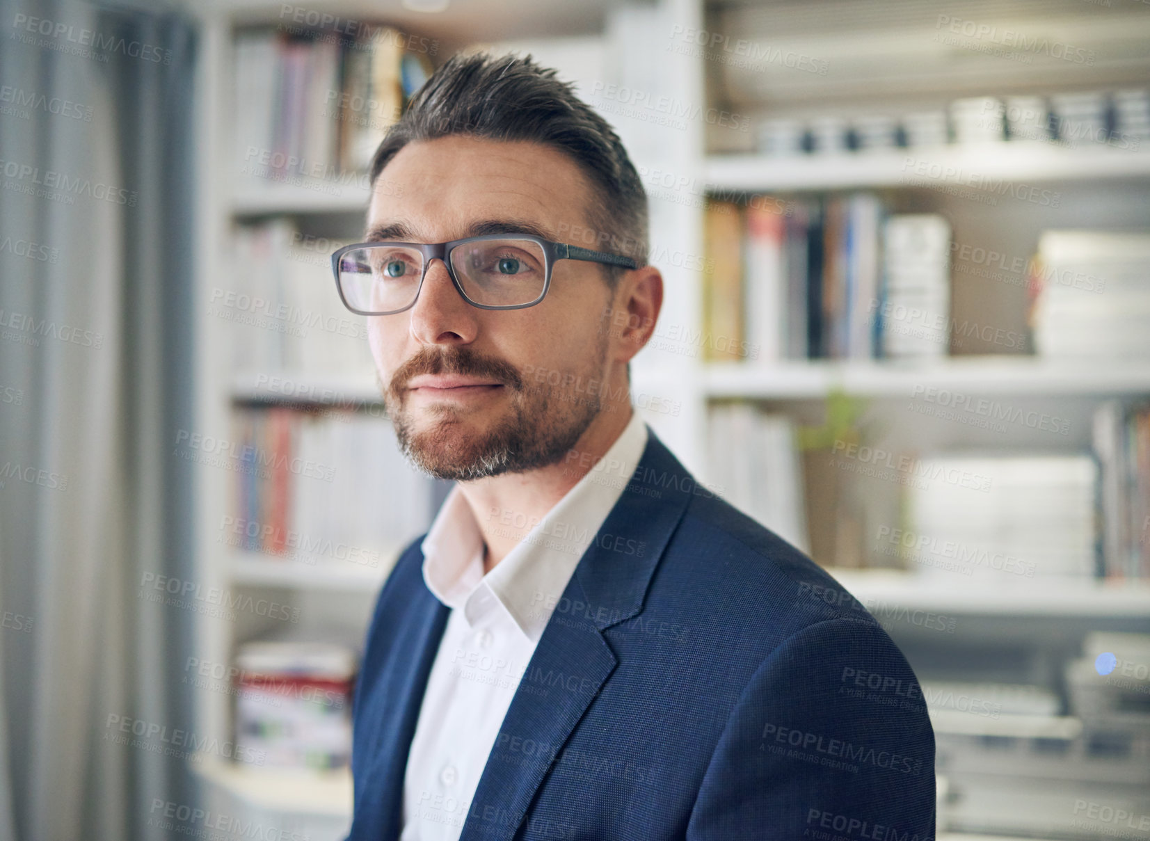 Buy stock photo Thinking, freelancer and business man in home office for inspiration, idea or future goals. Professional, thoughtful and male consultant for decision, opportunity or company profit in workplace