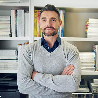 Buy stock photo Businessman, portrait and crossed arms in office, smile and happy teacher with bookshelf and books for information. Educational development, lecturer for university professor or advisor for teaching