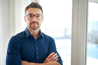 Buy stock photo Portrait, home and man with arms crossed, confidence and realtor with property management. Face, mature person and entrepreneur with small business or rental agreement with pride or real estate agent