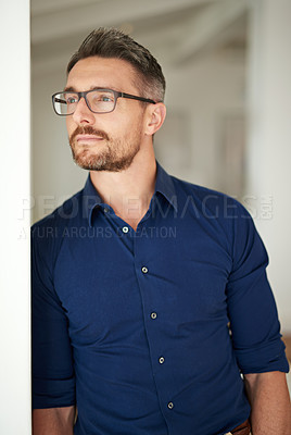 Buy stock photo Thinking, planning and businessman in office for inspiration, idea or future goals. Professional, thoughtful and male person for decision, opportunity or contemplating company growth in workplace
