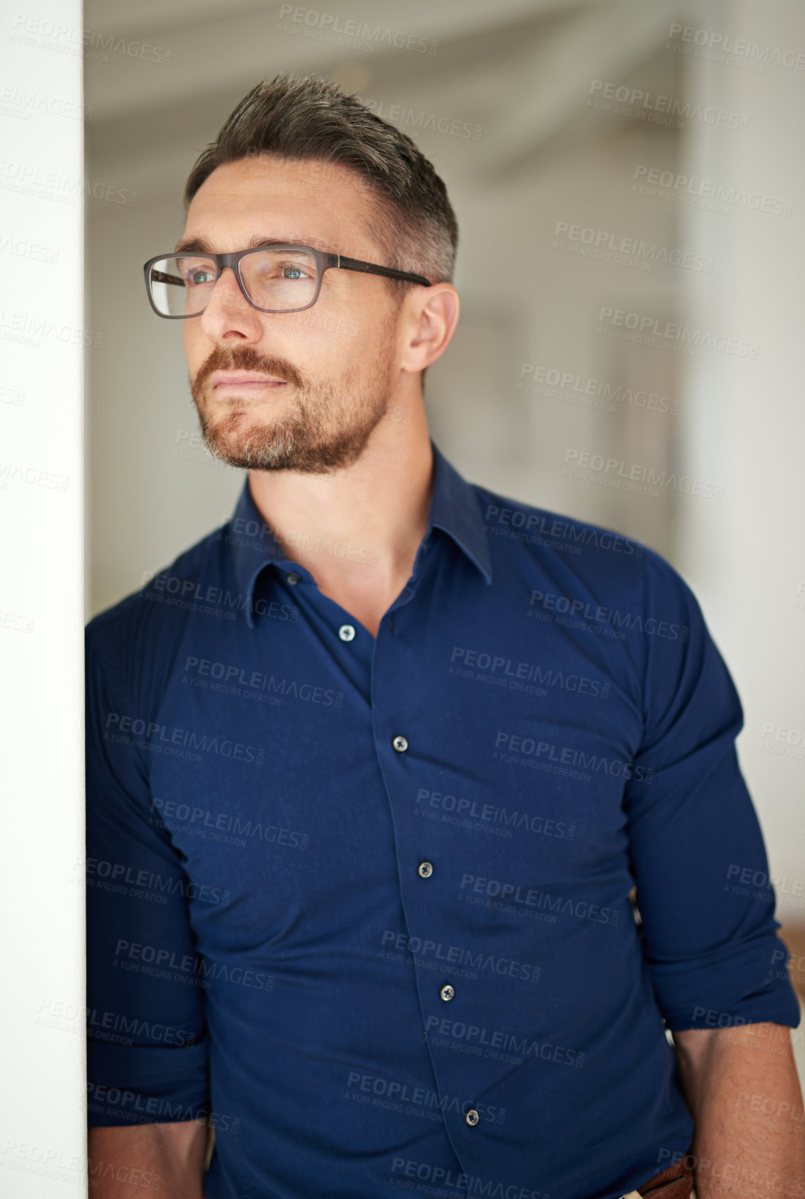 Buy stock photo Thinking, planning and businessman in office for inspiration, idea or future goals. Professional, thoughtful and male person for decision, opportunity or contemplating company growth in workplace