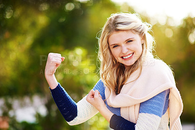 Buy stock photo Woman, flex and happy portrait or outside, arm muscle and strong or empowered Norwegian female person. Happiness, proud and smile in park with confidence, winter fashion and weekend break in nature