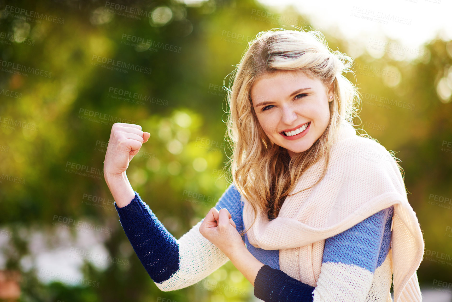 Buy stock photo Woman, flex and happy portrait or outside, arm muscle and strong or empowered Norwegian female person. Happiness, proud and smile in park with confidence, winter fashion and weekend break in nature