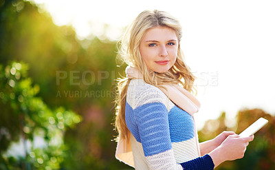 Buy stock photo Woman, tech and portrait in park for chat, communication and waiting for meet up from online dating profile. Female person, tablet and smile outdoor for notification, networking and update in winter