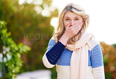 Buy stock photo Young woman, shock and happy portrait outdoor in nature with good news and facial expression in summer. Fashion, style and gen z female model or student with scarf, morning and standing in park