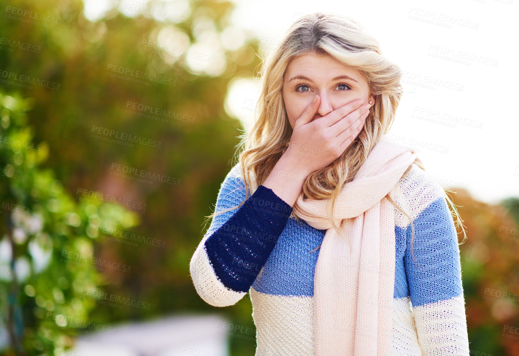 Buy stock photo Young woman, shock and happy portrait outdoor in nature with good news and facial expression in summer. Fashion, style and gen z female model or student with scarf, morning and standing in park