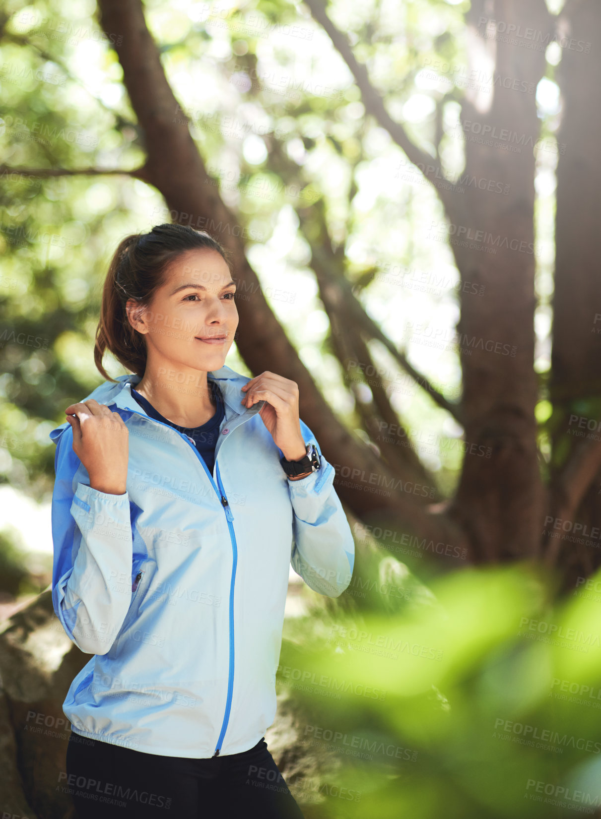 Buy stock photo Break, thinking and woman hiking in nature on outdoor adventure to explore on holiday vacation. Sightseeing, relax and hiker trekking in woods for training, wellness or travel journey for fitness